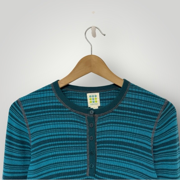 Title Nine Merino Wool Striped Henley Sweater Women's M Blue‎ Green - Picture 2 of 5